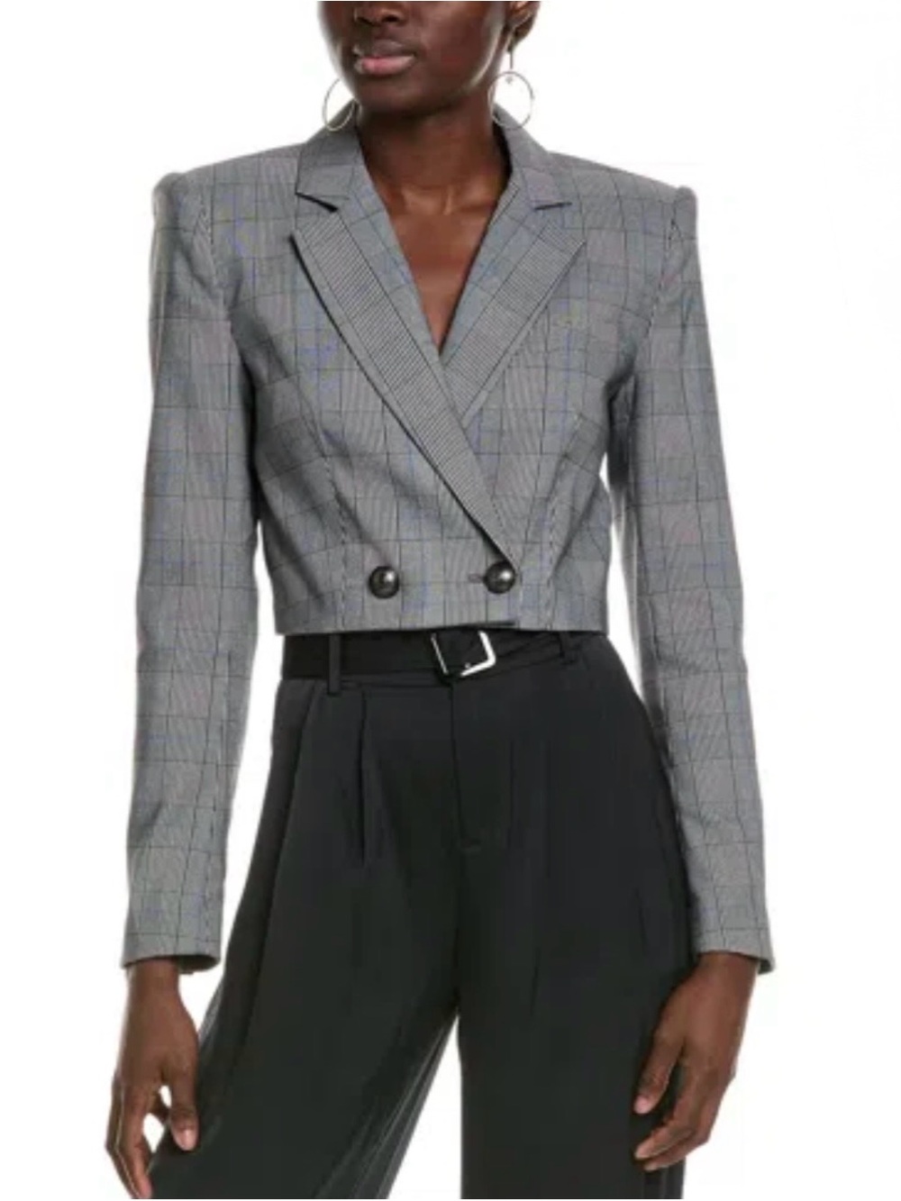 Ramy Brook Siena Cropped Plaid Double Breasted Blazer Gray Size 2 EUC